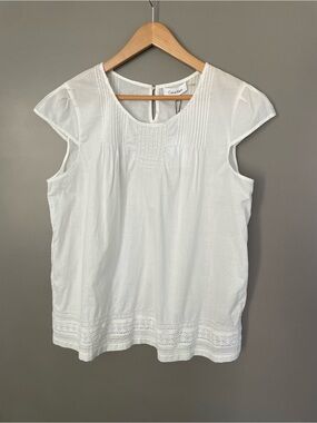 Calvin Klein White Cotton Pintuck Lace Hem Cap Sleeve Blouse